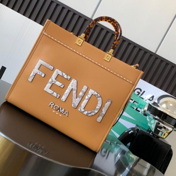 Fendi Sunshine Medium Light Brown Leather And Elaphe Shopper Bag